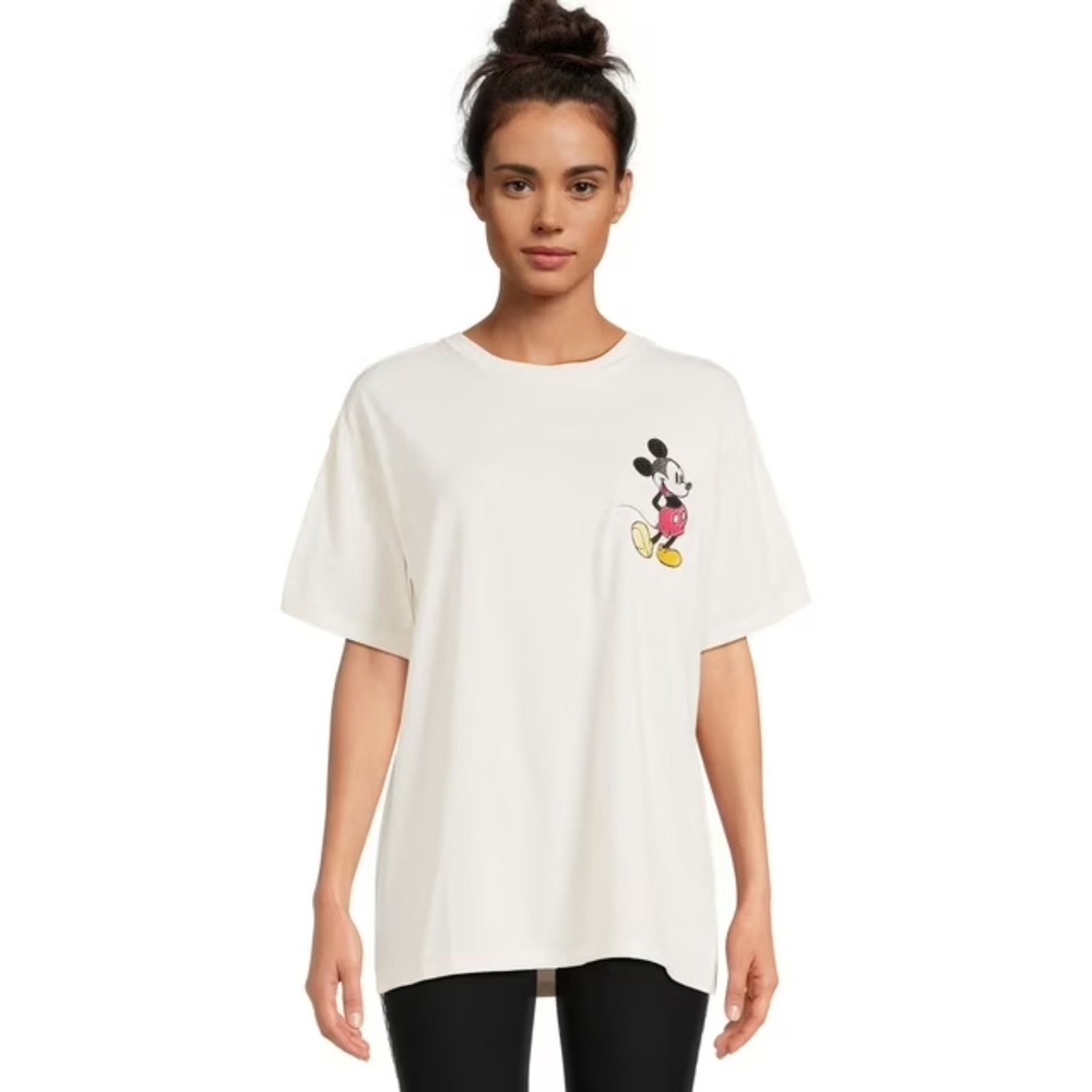Disney Womens Mickey Mouse T-Shirt Small Ivory Multicolor 70s Hippie Daisy Retro